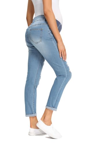 Foucome Women's Maternity Jeans Stretch Ripped Boyfriend Jeans - color: 066# - Blue, size: Large