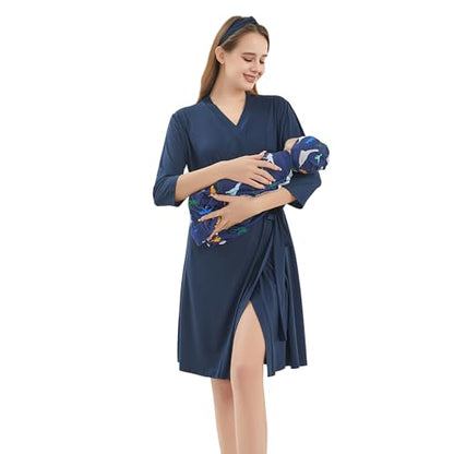 Galabloomer Maternity Robe and Receiving Blanket, Matching Mommy Labor Robe - color: Navy Blue, size: Medium