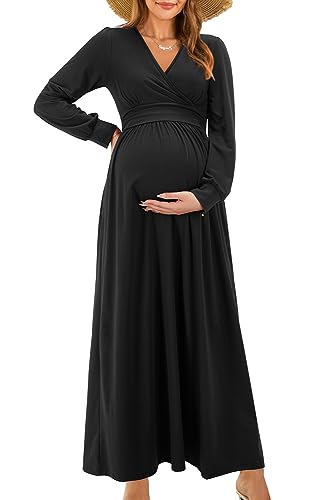 OUGES Women's Wrap Pregnancy Maxi V Neck Fall Baby Shower Maternity Dress - color: Black, size: Small