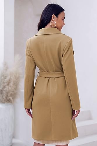 Cicy Bell Women's Pea Trench Coat Lapel Collar Long Jacket Open Front Belted Overcoat with Pockets - color: Khaki, size: Medium