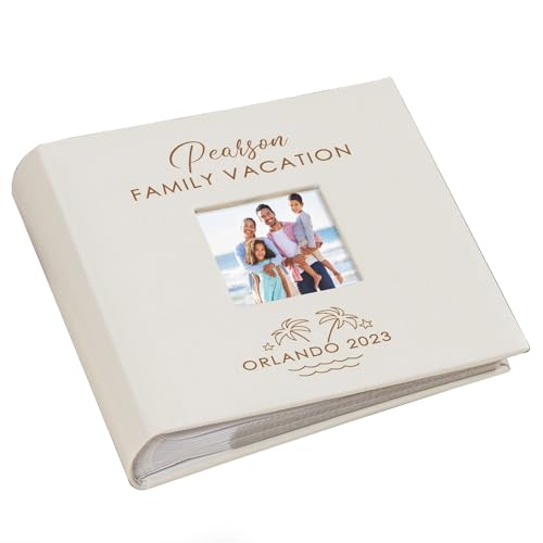 Personalized Photo Album, Custom Engraved Picture Album, Holds 200 4" x 6" Photos, Leatherette and Laser Engraved Scrapbook, Tropical Family Vacation with Palm Trees - color: Family Vacation, size: Cream - Medium
