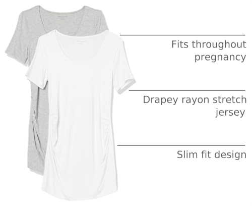 Amazon Essentials Women's Maternity Short-Sleeve Rouched Scoopneck T-Shirt, Pack of 2 - color: Light Grey Heather/White, size: Medium