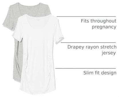 Amazon Essentials Women's Maternity Short-Sleeve Rouched Scoopneck T-Shirt, Pack of 2 - color: Light Grey Heather/White, size: Medium