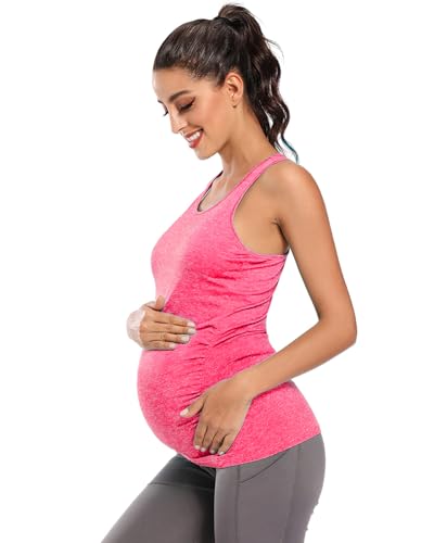 Ecavus Women's Maternity Tank Tops Racerback Ruched Workout Top - color: Heather Pink, size: Large