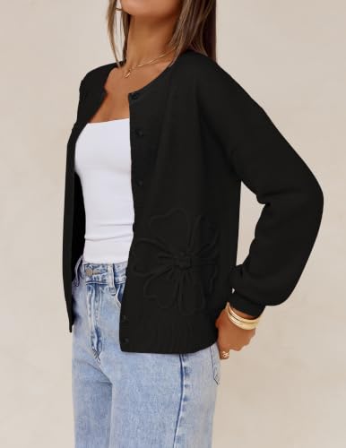 MEROKEETY Women's Fall Floral Button Up Lightweight Cardigan Sweater Trendy - color: Black, size: Medium