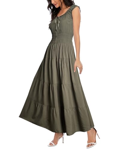 Women's 2026 Summer Boho Floral Print Tiered Casual Flowy Long Maxi Dress - color: Army Green, size: Medium
