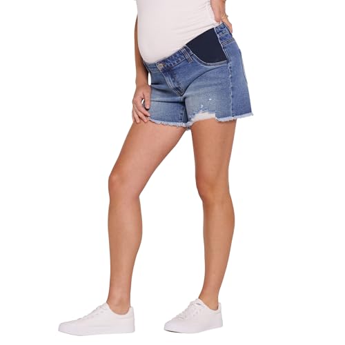 Motherhood Maternity Women's Under the Belly Cutoff Denim Pregnancy Shorts with Side Elastic Panel Insets - color: Beth Medium Wash, size: X-Large