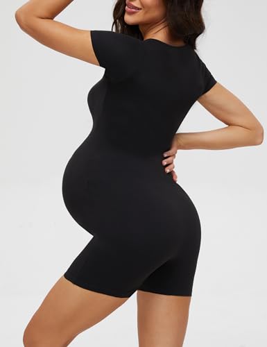 Buttery Soft Maternity Romper, Square Neck Short Sleeve One Piece - color: Black, size: XX-Large