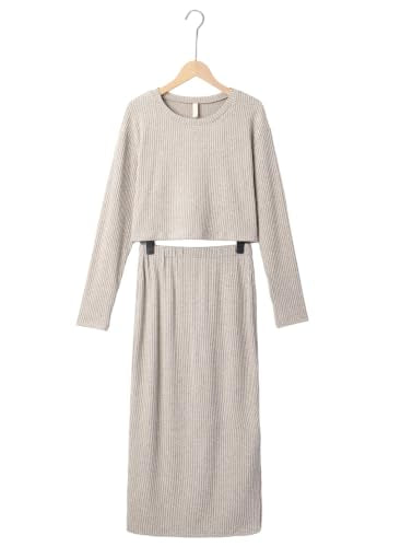 BLENCOT Maternity 2 Piece Outfits Ribbed Knit Crop Top Midi Skirt Set - color: Apricot, size: Medium