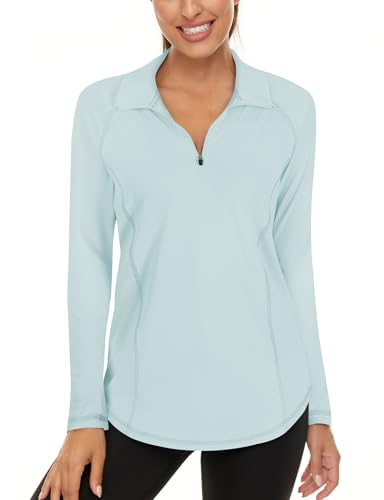 LURANEE Womens UPF 50+ Long Sleeve 1/4 Zip Pullover Athletic Hiking Running Workout Tops - color: Light Blue, size: Small