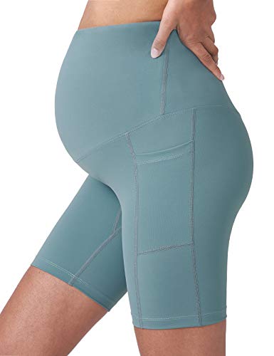 POSHDIVAH Maternity Biker Shorts Over the Belly with Pockets 5"/8" - color: Light Green, size: Medium