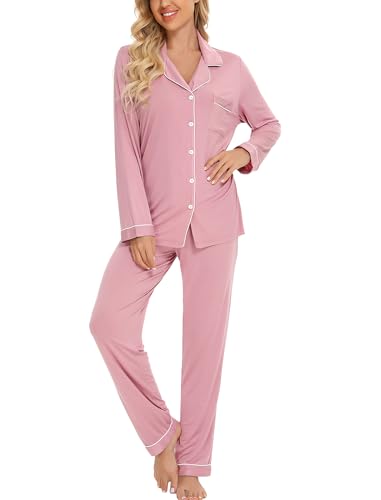 Leikar Button Up Pajamas For Women Long Sleeve Viscose Soft Pjs Lounge - color: Bean Paste, size: Small