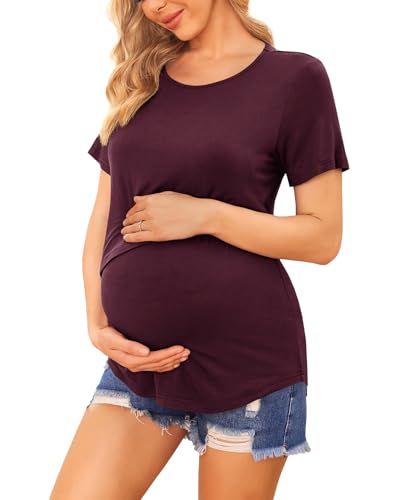 3 Pack Women Nursing Tops Short Sleeve Breastfeeding Shirts Maternity Tees - color: 3pcs- Black + Dark Red + Grey, size: Medium