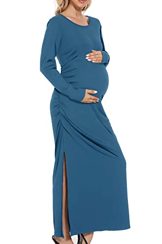 Smallshow Women's Ruched Long Sleeve Split Maternity Dress - color: Grey Blue, size: X-Large