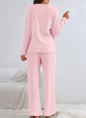 SHEWIN Women's Pajama Sets Ribbed Knit 2 Piece Lounge Sets - color: B Hot Pink, size: Small
