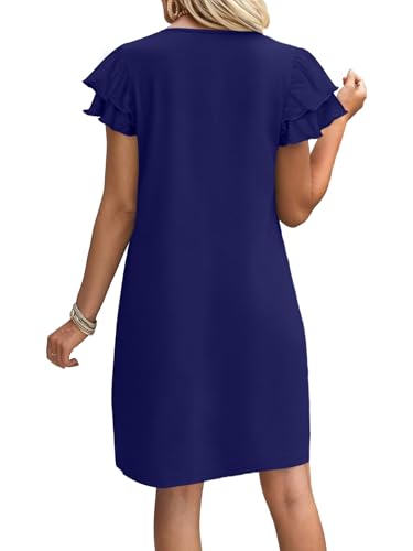 OFEEFAN Womens Summer Dresses 2026 Ruffle Sleeve Round Neck Loose Swing Sundresses with Pockets Plain/Print - color: Plain Navy Blue, size: X-Large