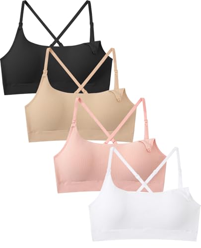 Seamless Ribbed Wireless Nursing Bra for Breastfeeding 4 Pack - color: Black/White/Skin/Pink, size: Large