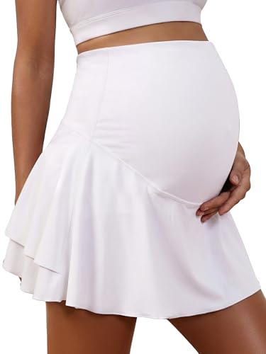 Ecavus Maternity Tennis Skirt, High Waisted Athletic Skirt with Pockets - color: White, size: Large
