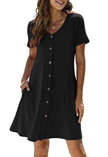 Manydress Women's Button Down Summer Dress Short Sleeve with Pockets - color: Black, size: Medium