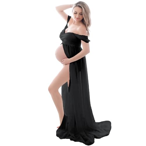 Off Shoulder Open Belly Split Front Tulle Maternity Dress for Photoshoot - color: Black, size: Large