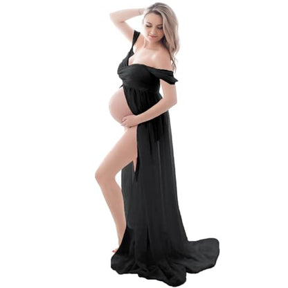 Off Shoulder Open Belly Split Front Tulle Maternity Dress for Photoshoot - color: Black, size: Large