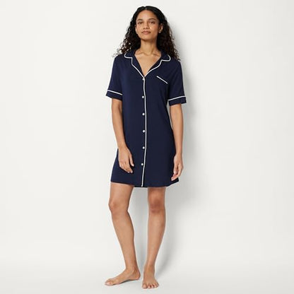 Amazon Essentials Women's Modal-Blend Nightgown, Short Sleeve Button-Down - color: Navy, size: Small