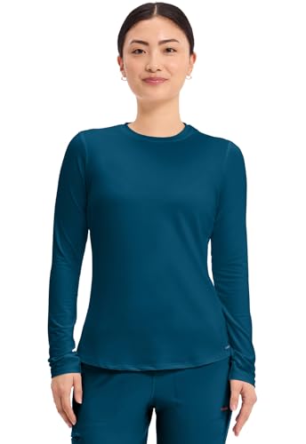 Cherokee Underscrub Long Sleeve Women’s Knit Tee Nursing Underscrubs Crew Neck Layering Top for Women - CK773 - color: Caribbean Blue, size: Small