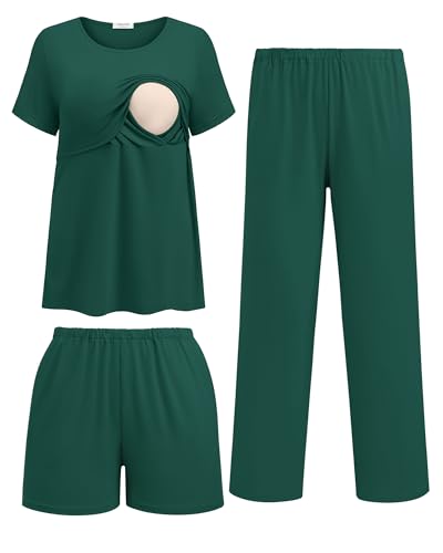Ekouaer 3 Pack Postpartum Nursing Pajamas Breastfeeding Maternity Clothes - color: Lake Green, size: Large