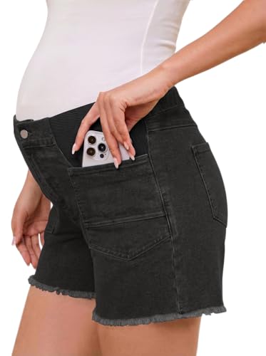 BLENCOT Women's Maternity Denim Shorts Mid-Rise Stretch Pregnancy Lounge Frayed Hem Plus Size Jeans Short with Pockets - color: Color Black, size: Medium