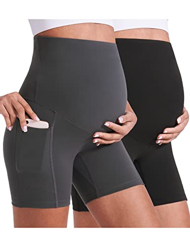 Enerful Maternity Biker Shorts with Pockets 8"/5" - color: Black+grey 5", size: XX-Large
