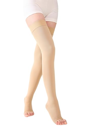 TOFLY 30-40mmHg Graduated Compression Stockings Thigh High Open Toe Pair - color: 30-40mmhg Open-toe Beige, size: Medium