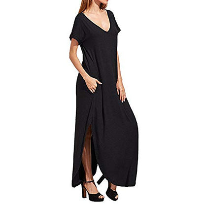 Women's Year-Round Casual Maxi Dress V-Neck Boho Long Dress with Pockets - color: 152 Black, size: Medium