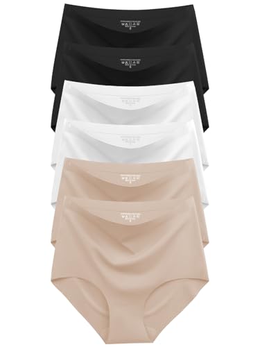 Cuweni Womens Underwear Seamless High Waisted Briefs No Show Panties 6 Pack - color: Black 2 White 2 Nude 2, size: Large