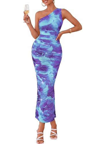PRETTYGARDEN One Shoulder Maxi Dress Ruched Printed - color: Floral Blue, size: Small