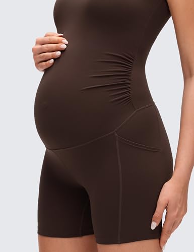 CRZ YOGA Maternity U Neck Romper Pockets - color: Hot Fudge Brown, size: Medium