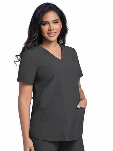 COZYFIT Maternity Scrub Top, V-Neck Pregnancy Shirt with 2 Pockets - color: Dark Grey, size: Small