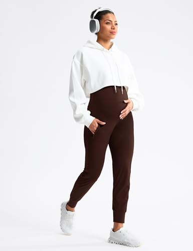 Mama Land Maternity Joggers Over Belly Pants with Zipper Pockets - color: Toasted Brown, size: Medium