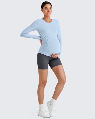 G4Free BareFeel Pregnancy Workout Tops Maternity Long Sleeve Shirts Ruches - color: Light Denim, size: Medium