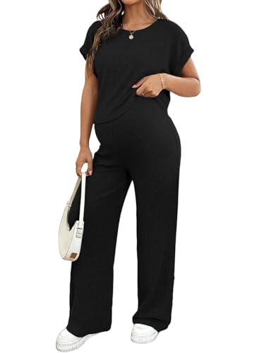 BLENCOT Maternity Sets Summer Ribbed Knit Pajamas Outfits - color: Black, size: Medium