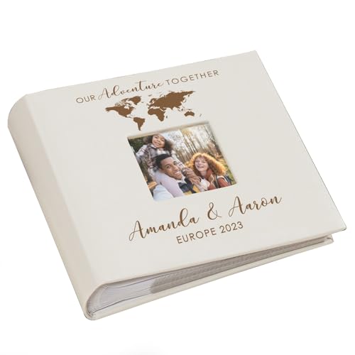 Personalized Photo Album, Custom Engraved Picture Album, Holds 200 4" x 6" Photos, Leatherette and Laser Engraved Scrapbook, Adventure Together - color: Adventure Together, size: Cream - Medium