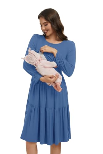 Smallshow Women's Ruffle Maternity Nursing Dress Long Sleeve - color: Grey Blue, size: Medium