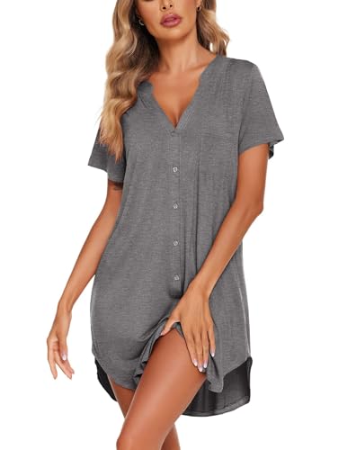 Ekouaer Womens Nightgown V Neck Button Down Sleepshirts Soft Sleepdress - color: Grey, size: Medium
