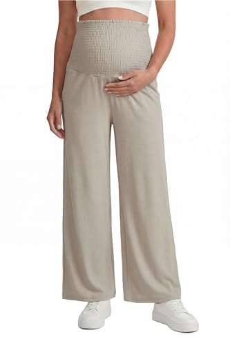 OUGES Womens Lyocell Cotton Maternity Pants Over Belly Smocked Waist Stretchy Casual Wide Leg Palazzo Pants with Pockets - color: Khaki, size: Medium