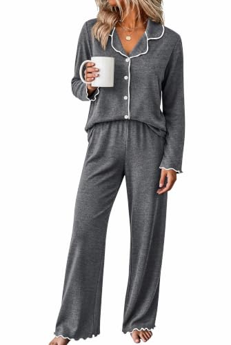 WIHOLL Women's Pajamas Sets Cute Ruffle Long Sleeve Button Up 2 Piece Pjs - color: Grey, size: XX-Large