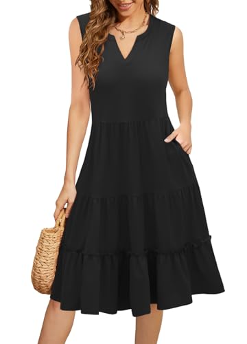 Summer Dresses for Women 2026 Flowy Casual Boho Midi Sun Dress with Pockets - color: Solid-black, size: Medium