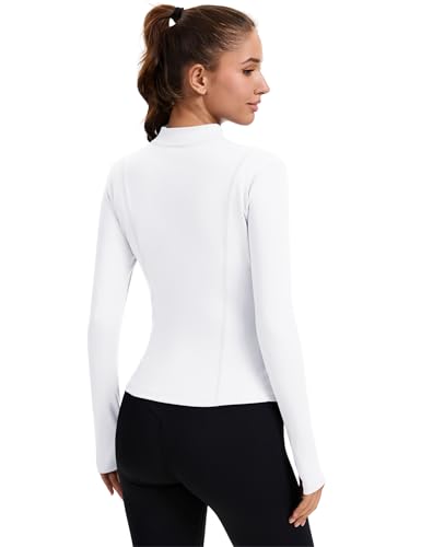 Rapbin Women's Full Zip Workout jackets Runing Slim Fit Athletic Tops With Thumb Holes - color: White, size: Large
