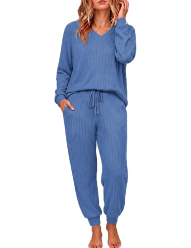 Ekouaer Lounge Sets for Women Long Sleeve Ribbed Knit Pajama Set - color: Blue, size: X-Large