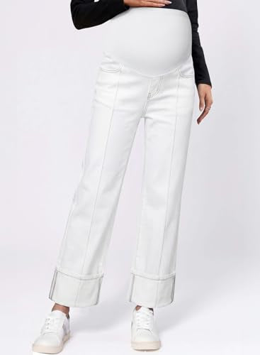 BLENCOT Maternity Jeans Over Belly Straight Leg Denim Pants with Pockets - color: White, size: Large