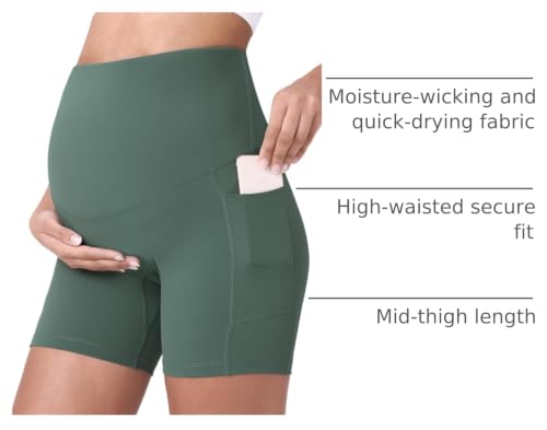 POSHDIVAH Maternity Biker Shorts Over the Belly with Pockets 5"/8" - color: Crab Green, size: Medium