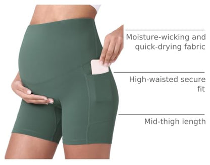 POSHDIVAH Maternity Biker Shorts Over the Belly with Pockets 5"/8" - color: Crab Green, size: X-Small